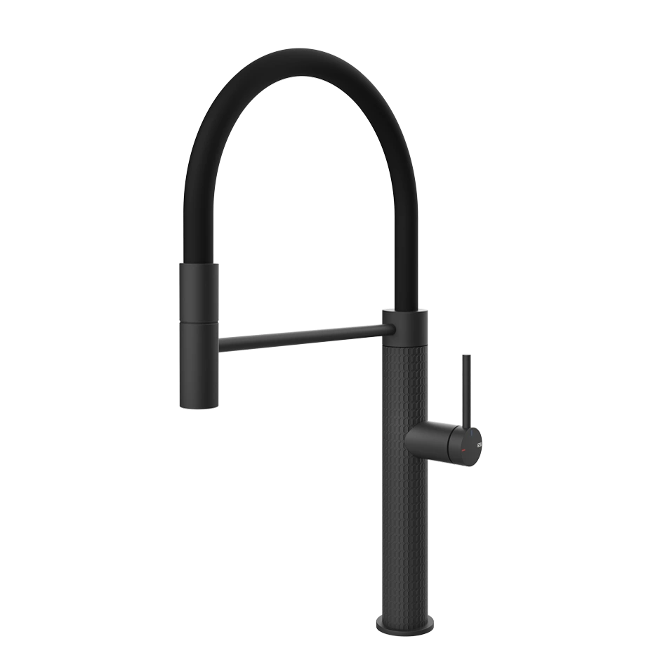 Schwarze Küchenarmatur mit hoher U-Form und Brause