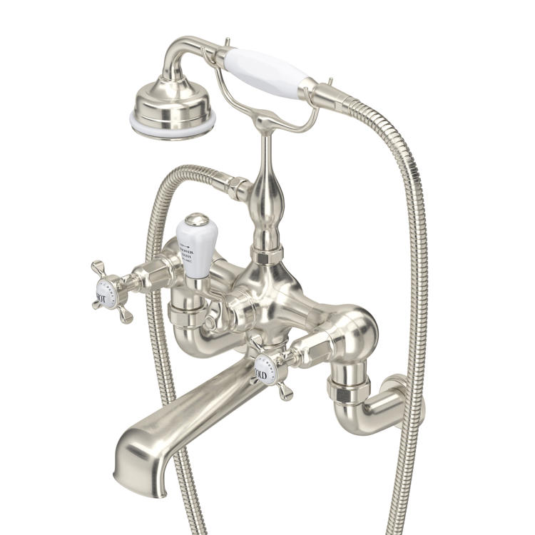 Perrin & Rowe Traditional 3511 Badewannenarmatur mit Handbrause und Kreuzgriffen für Wandmontage in Nickel matt