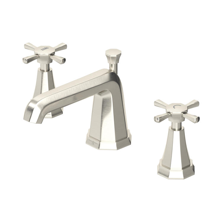 Elegante 3-Loch Waschtischarmatur in gebürstetem Nickel mit zwei Kreuzgriffen für Warm- und Kaltwasser; breite Montage, robuster Metallkörper, ideal für das Badezimmer-Waschbecken