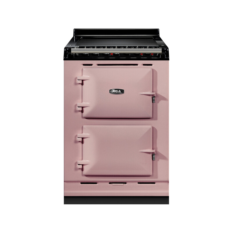 AGA Herd in Rosa, klassischer Standherd mit zwei Backofentüren und Edelstahl-Bedienleiste Rosa AGA Standherd mit zwei quadratischen Backofentüren und schwarzer Bedienleiste, frontal aufgenommen