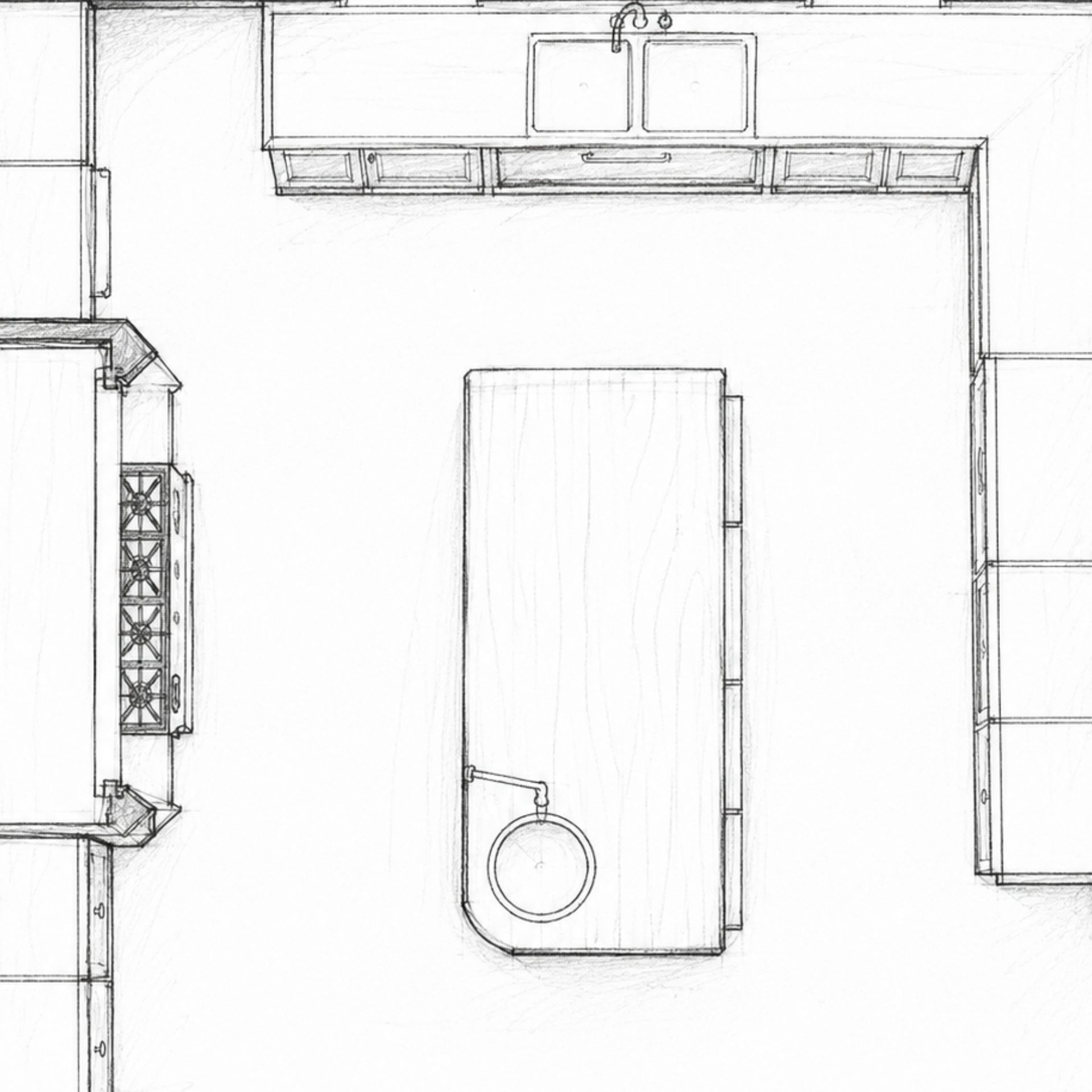 Skizze von oben: L‑Küchenlayout mit zentraler Insel, runder Spüle auf der Insel, Doppelspüle an der Zeile sowie Unterschränken – ideal zur Produktpräsentation von Einbauküchen und Küchenplanung