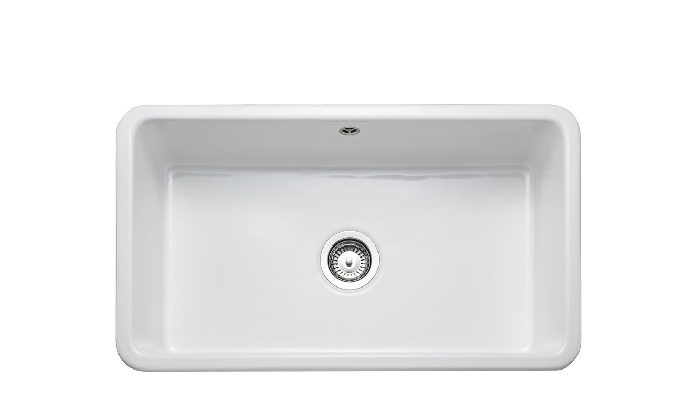 AGA‑Rangemaster Farmhouse Fire Clay Ceramic Belfast Sink: weißer Fireclay-Keramik-Spülstein mit tiefem Einzelbecken und mittigem Ablauf, Maße 795×460×220 mm, passend für 80‑cm-Unterschrank, ideal für klassische Landhausküchen.