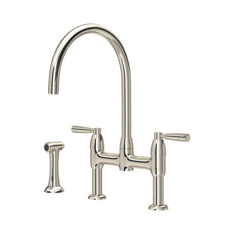 Zweigriff-Küchenarmatur als Brückenarmatur mit hohem Schwanenhals und separater Seitenbrause; robuste Metallausführung, präzise Temperatursteuerung, zeitloses Design für moderne und klassische Küchen