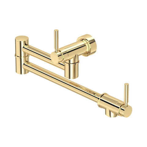 Produktfoto: Schwenkbarer wandmontierter Topffüller in poliertem Gold, Doppelgelenk-Wasserhahn aus Messing mit zwei Hebeln für die Küche