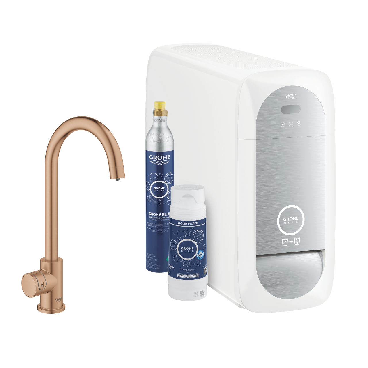 Grohe Blue Wassersystem mit stilvoller Kupferarmatur, CO2-Flasche und Wasserfilter