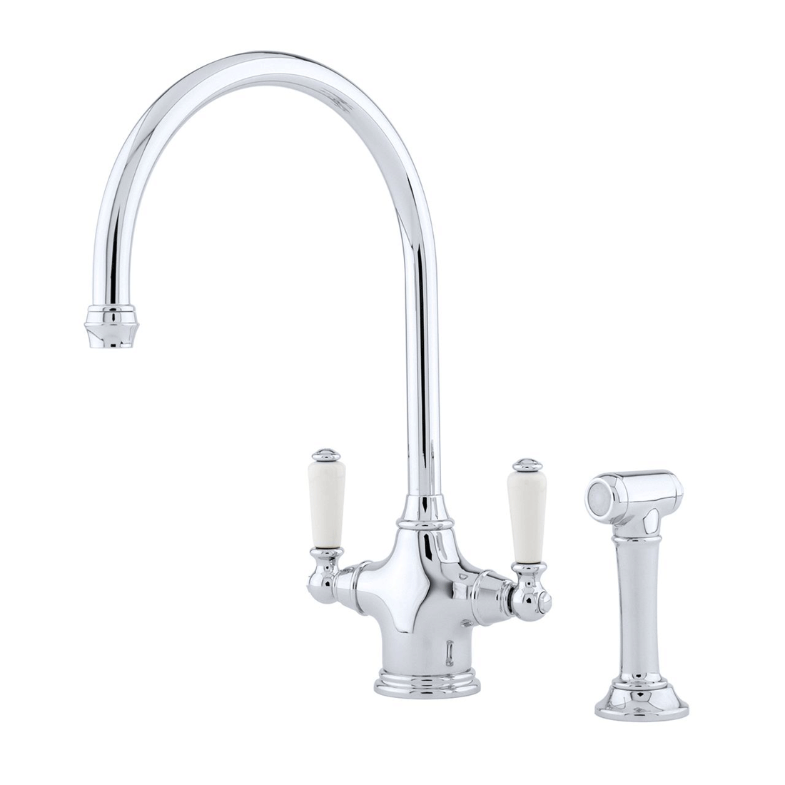 Küchenarmatur im Retro-Design mit zwei Griffen und separatem Spülbrause-Aufsatz, verchromt Verchromte Küchenarmatur im klassischen Stil mit zwei weißen Griffen und separatem Handbrause-Aufsatz