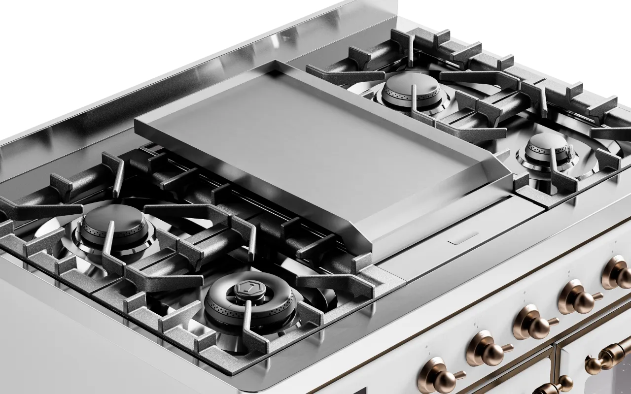 Professionelles Gaskochfeld mit Edelstahl-Grillplatte und fünf Kochstellen Gaskochfeld mit fünf Brennern und mittiger Edelstahl-Grillplatte, hochwertiges Design für die moderne Küche