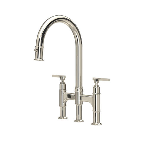 Elegante Küchenarmatur mit zwei Hebeln, Brückendesign und hohem, schwenkbarem Auslauf in poliertem Nickel; 3-Loch-Montage für Spülbecken