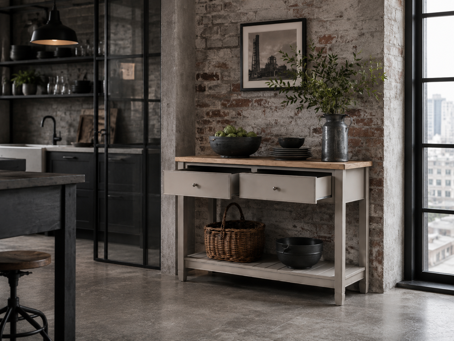 Chichester 5ft Potboard von Neptune in loftiger Küche: handlackiertes Sideboard mit massiver Eichenplatte, zwei geöffneten Schubladen und unterem Regal, dekoriert mit Schalen und Metallkrug – Landhaus-Design mit großzügigem Arbeits- und Stauraum