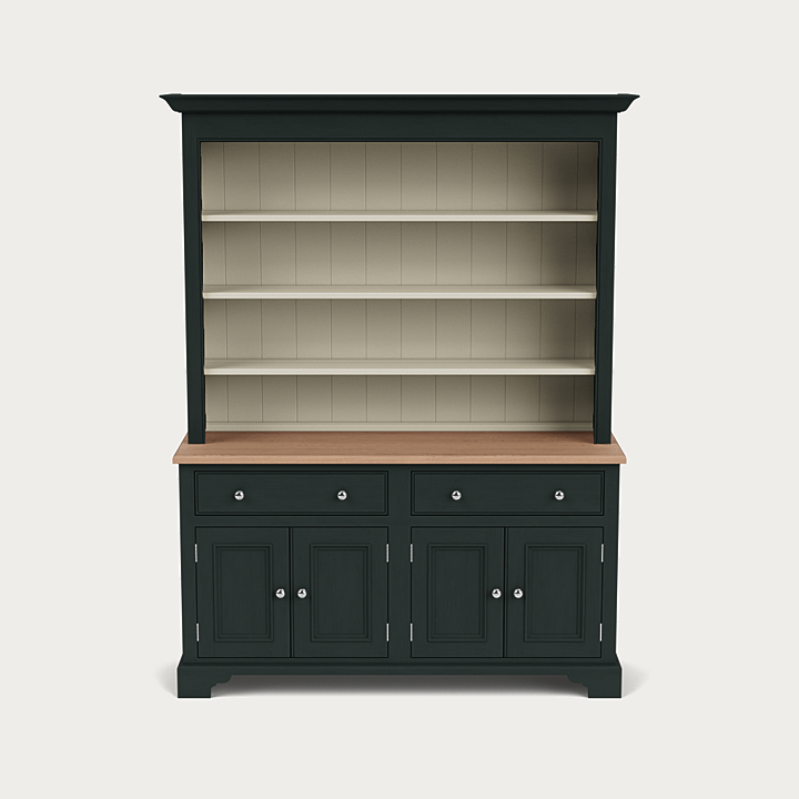 Neptune Chichester Open Dresser – offene Massivholz-Anrichte, handlackiert: freistehender Küchenschrank im Landhausstil mit drei offenen Regalböden, Schubladen und Türen – ideal für Geschirr, Gläser und Deko.