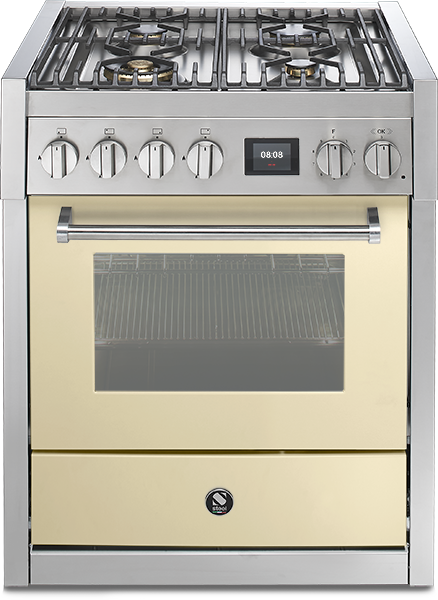 Freistehender Gasherd mit Backofen in Cremefarben, Edelstahl, mit Uhranzeige Gasherd mit vier Kochfeldern, Backofen und Edelstahlfront in cremefarbener Optik