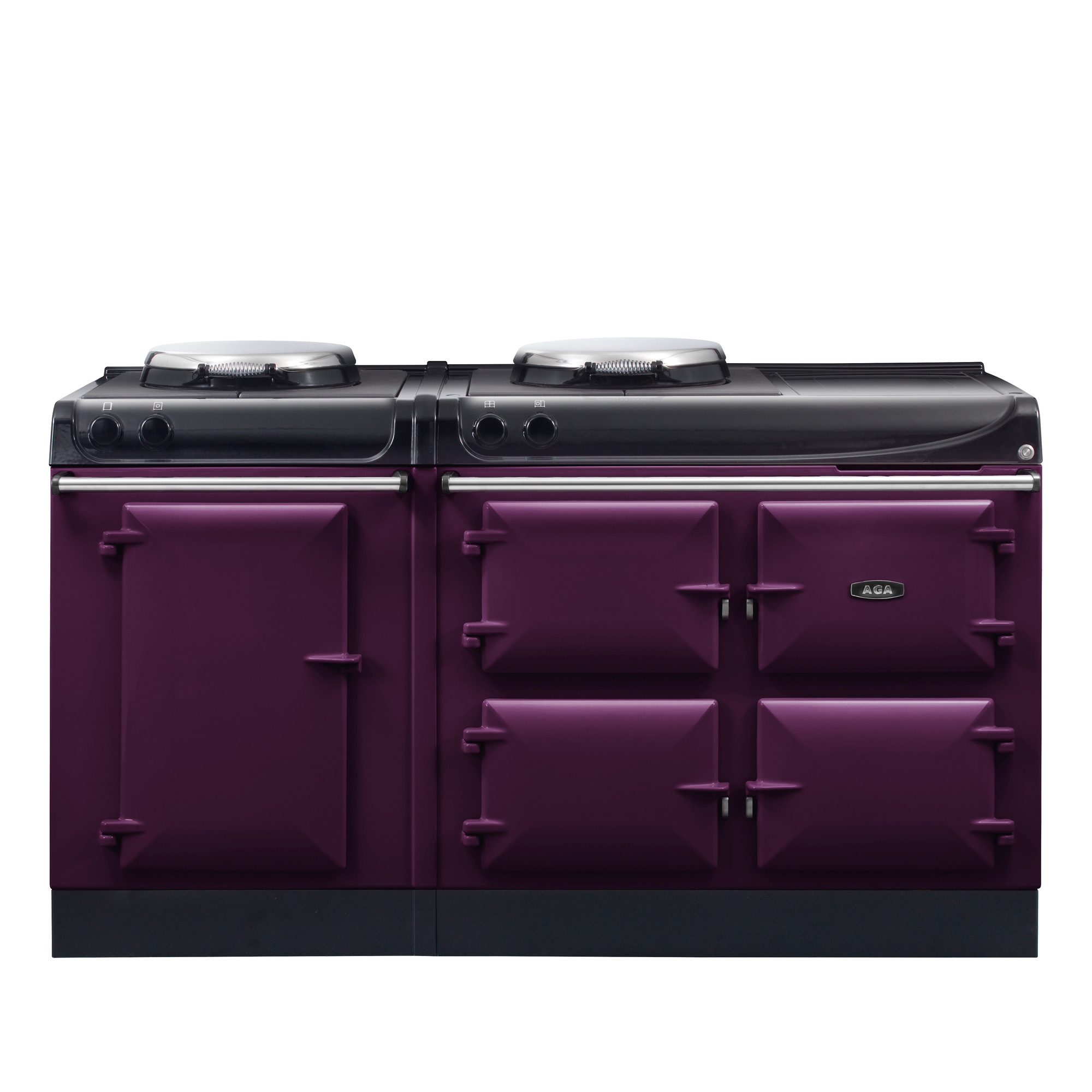 AGA Herd in Aubergine, klassischer Landhausstil, multifunktional mit vier Backofen und zwei Kochplatten Violetter AGA Herd im traditionellen Design mit vier darunterliegenden Öfen und zwei Kochplatten oben