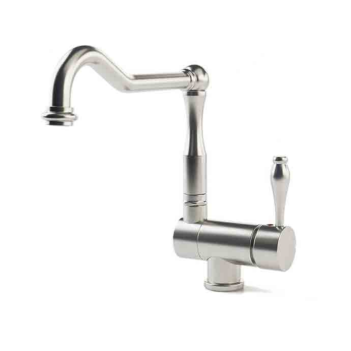 Moderne Küchenarmatur aus Edelstahl mit Einhebelmischer, elegant geschwungener Auslauf Edelstahl-Küchenarmatur mit seitlichem Hebel und gebogenem Auslauf, geeignet für moderne Küchen