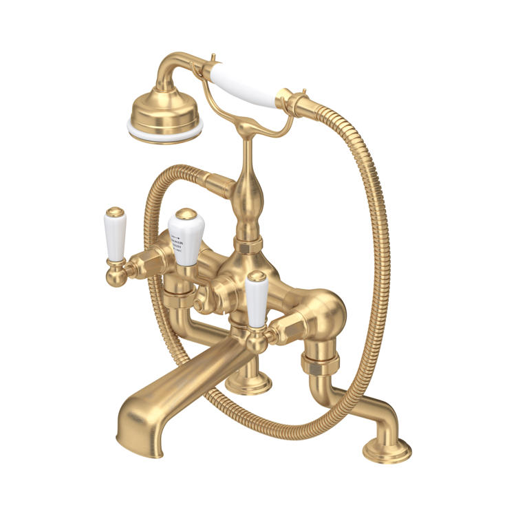 Perrin & Rowe Traditional 3500 Badewannenarmatur mit Handbrause und Hebelgriffen in Messing satiniert
