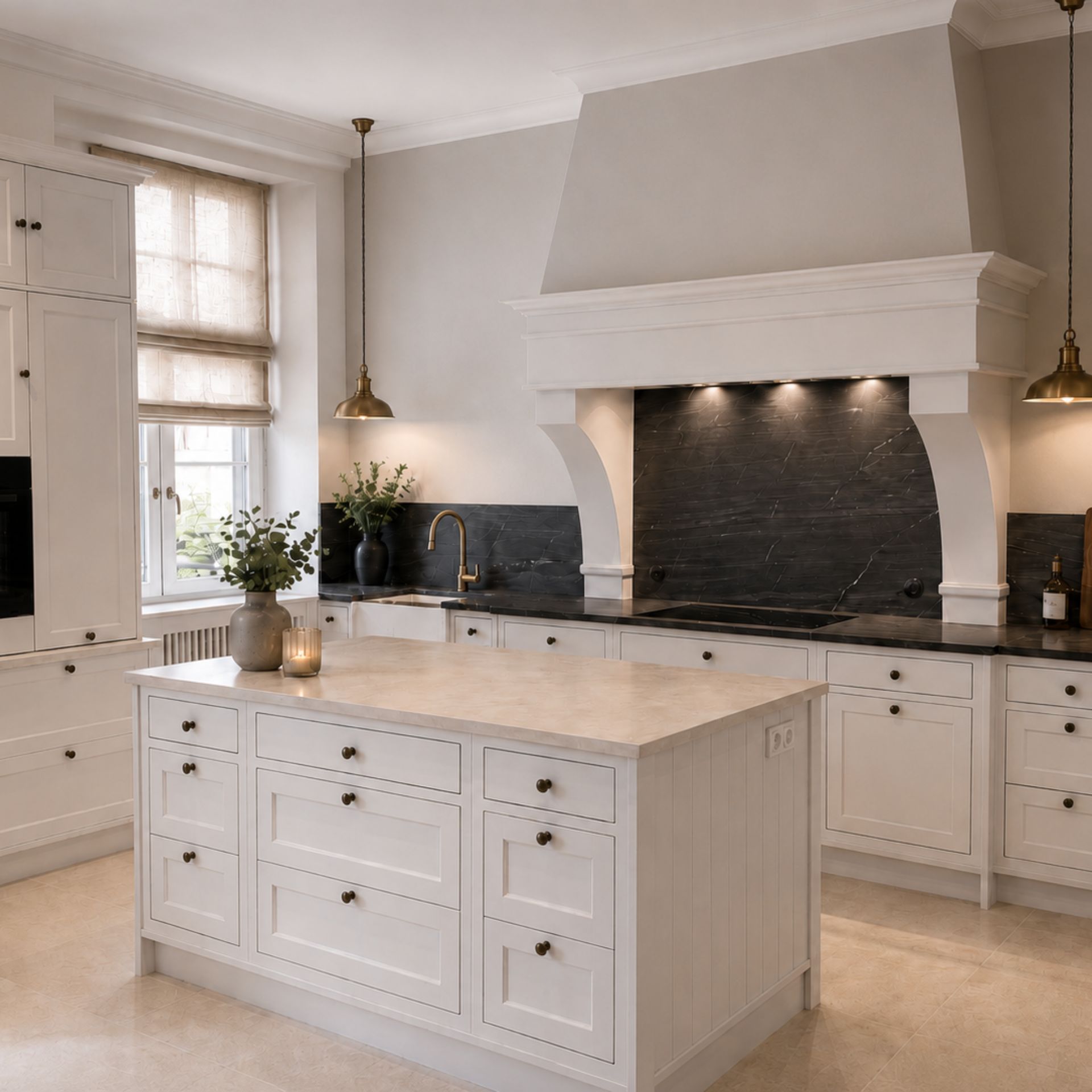 Produktfoto einer eleganten Landhaus-Einbauküche: weiße Rahmenfronten, Kücheninsel mit heller Arbeitsplatte, schwarzer Naturstein als Rückwand und Arbeitsfläche, integrierte Beleuchtung, Messing-Pendelleuchten und Armatur