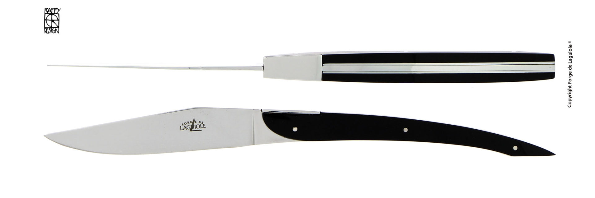 Laguiole Design-Taschenmesser mit schwarzem Griff – Hochwertiges Klappmesser aus Edelstahl von Forge de Laguiole Elegantes Laguiole Taschenmesser mit schwarzem Griff, Edelstahlklinge und modernem Design, seitlich und von oben fotografiert