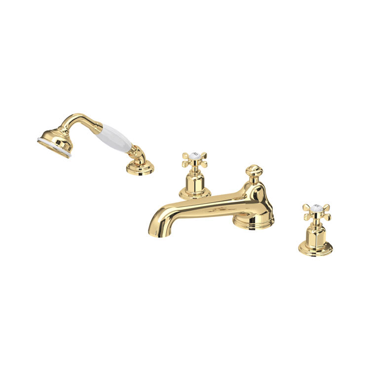 Perrin & Rowe Traditional 3738 4-Loch-Badewannenarmatur mit Kreuzgriffen und Handbrause in Messing satiniert