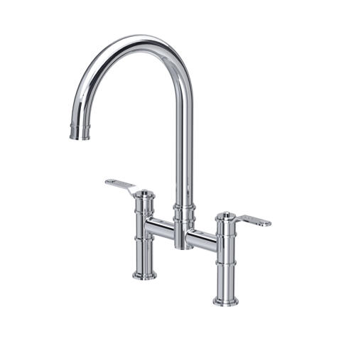 Perrin & Rowe Io 4293 Brückenarmatur in Chrom: Zweiloch-Küchenarmatur mit hohem U-Schwenkauslauf und zwei präzisen Hebelgriffen; handgefertigte Premium-Armatur für heißes und kaltes Wasser.