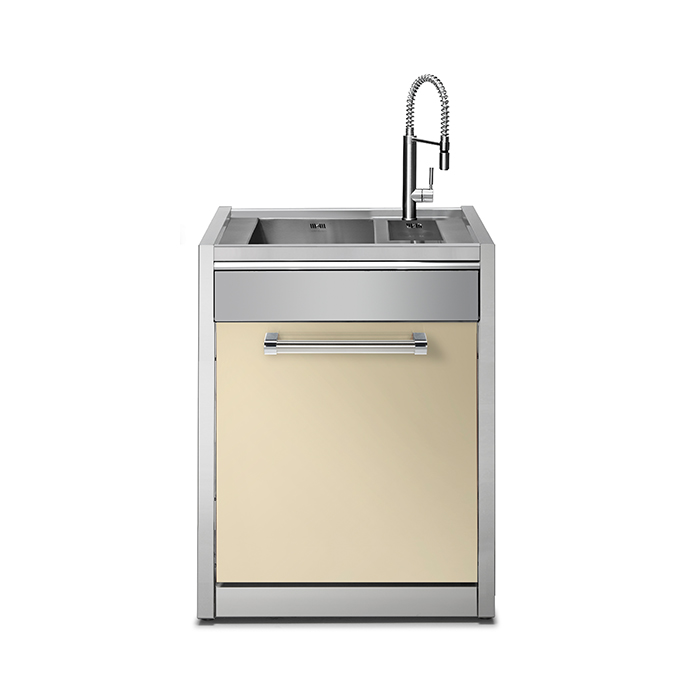 Moderne Küchenzeile mit Spüle, Unterschrank und Hochdruckarmatur in Beige und Edelstahl Kompakte Küchenzeile mit Edelstahlspüle, beige Front und moderner, flexibler Küchenarmatur
