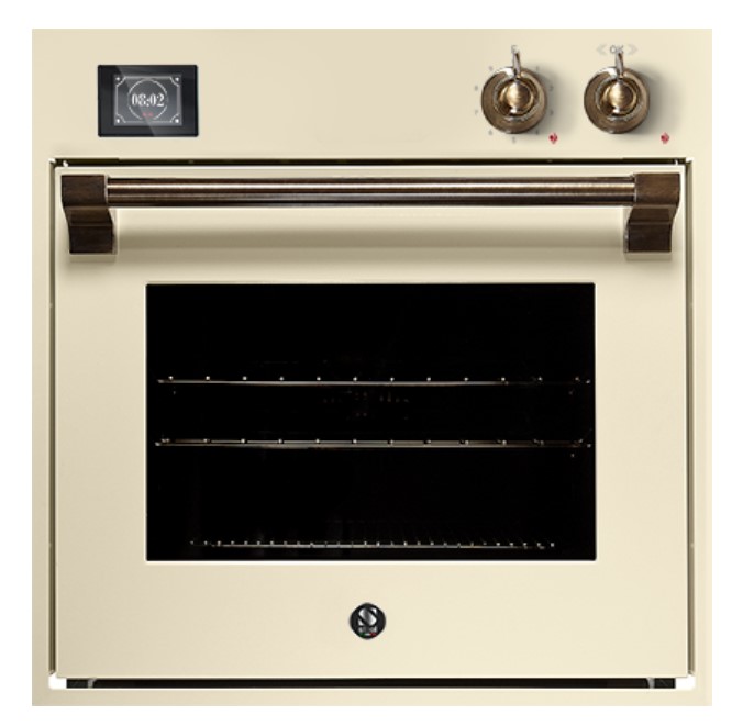 Ein cremefarbener Einbaubackofen im Retro-Design mit großem Griff, digitaler Anzeige und zwei Drehknöpfen.