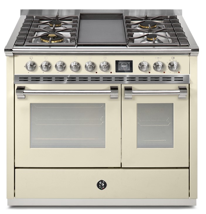 Cremefarbener Standherd mit sechs Gasbrennern, einer Grillplatte und zwei Backöfen, ideal für große Küchen