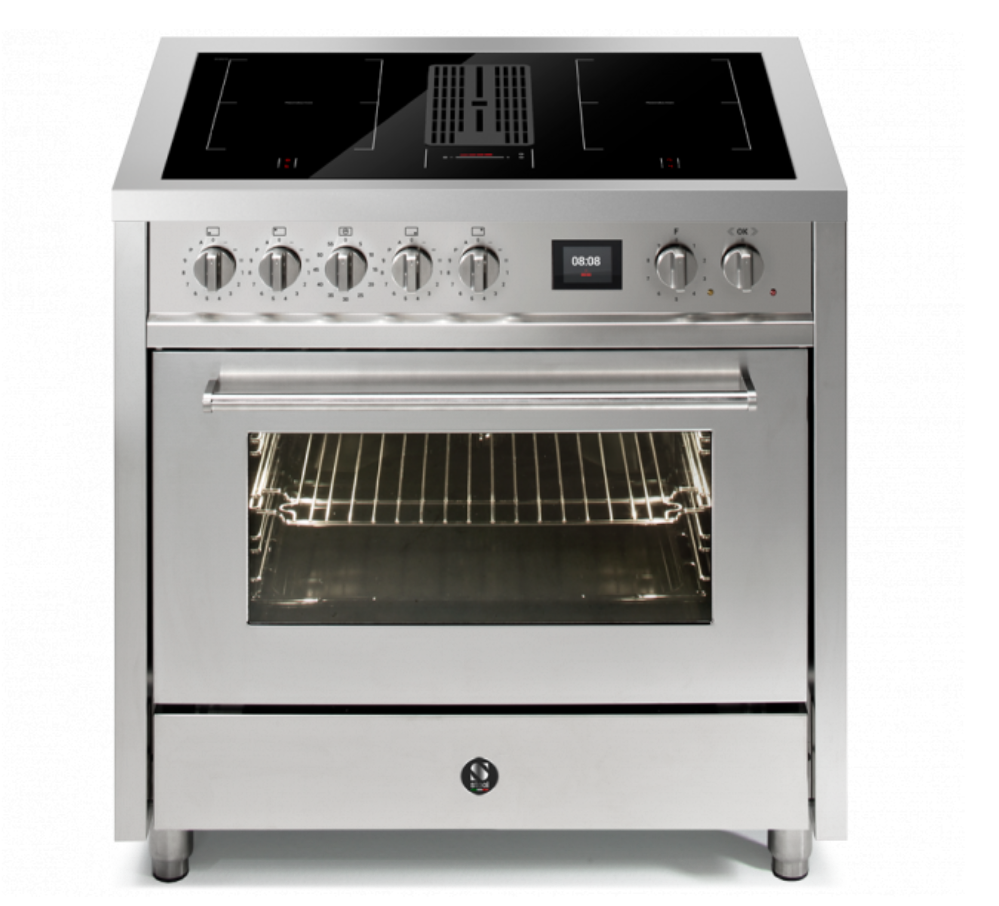 Induktionsherd mit Backofen aus Edelstahl, modernes Standgerät für die Küche Moderner Induktionsherd mit Backofen und Edelstahloberfläche, freistehend, mit Bedienknöpfen und digitaler Anzeige