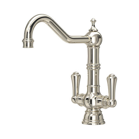 Elegante Retro-Küchenarmatur aus poliertem Nickel mit zwei Hebeln und hohem Schwanenhals-Auslauf