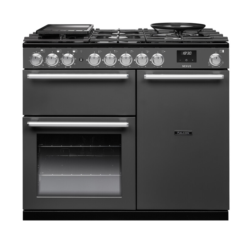 Produktfoto: Falcon Nexus 90 Standherd in Anthrazit mit Gas-Kochfeld (5 Brenner + Grillplatte), digitalem Timer und drei Backöfen/Grill – leistungsstarker Range Cooker für die Familienküche
