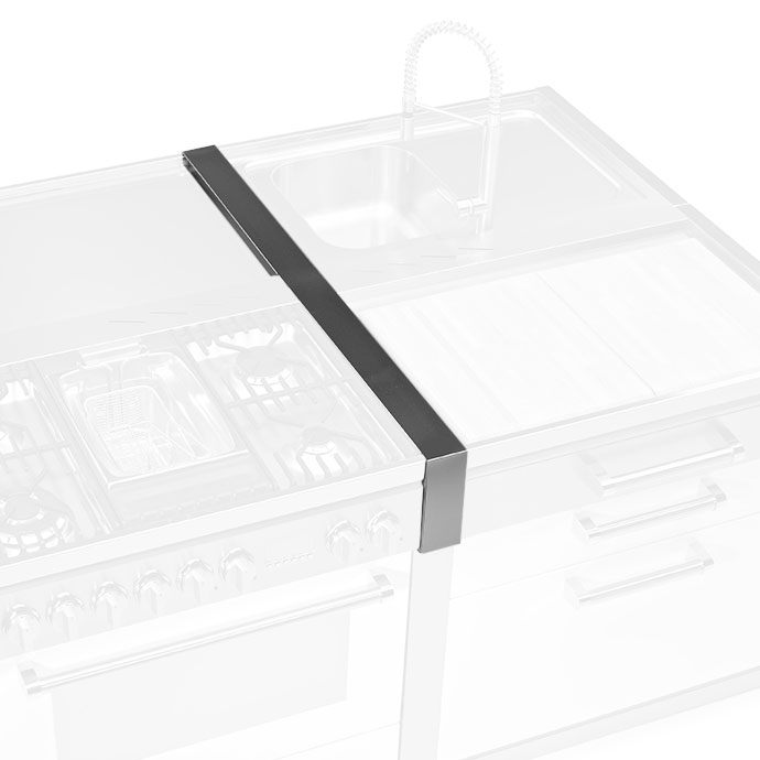 Herdabdeckleiste aus Edelstahl für Kochfeld und Arbeitsplatte Edelstahl-Abdeckleiste als Übergang zwischen Herd und Arbeitsplatte in einer modernen Küche