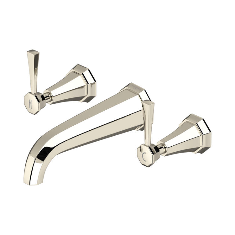 Elegante 3-Loch Wand-Waschtischarmatur im polierten Nickel-Look mit zwei Hebelgriffen für Warm und Kalt; langer Auslauf, klassisches Design für Waschbecken im Bad
