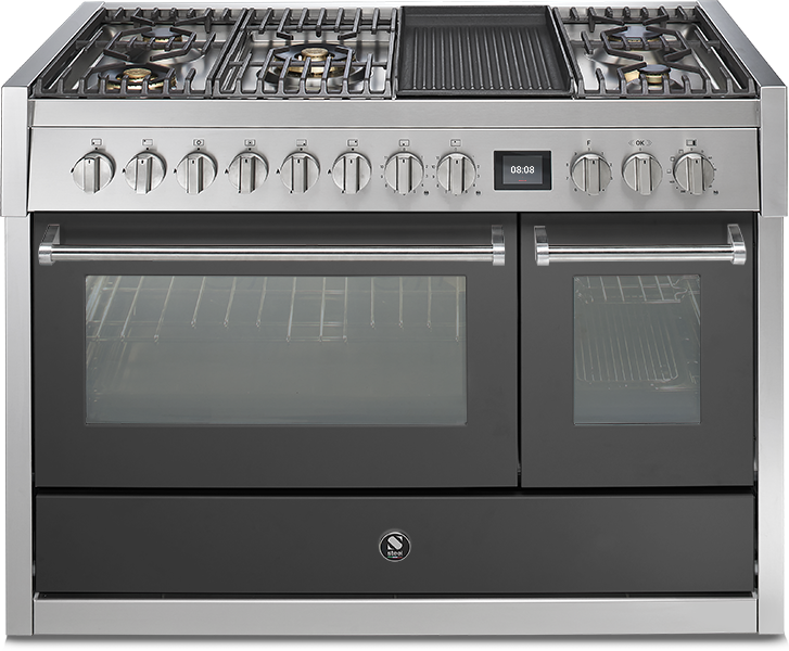 Edelstahl-Standherd mit fünf Gas-Kochfeldern, Grillplatte und zwei Backöfen Moderner freistehender Edelstahl-Herd mit fünf Gas-Kochfeldern, Grillplatte und zwei Backofen-Türen