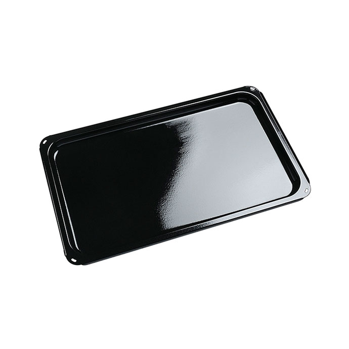 Backblech aus Metall, rechteckig, antihaftbeschichtet – ideal für Backofen und Küchengeräte Schwarzes rechteckiges Backblech aus Metall mit glatter, glänzender Oberfläche, geeignet für Backofen