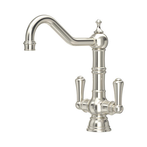 Zweigriff-Küchenarmatur im Vintage-Design aus gebürstetem Nickel mit hohem Schwenkauslauf; Mischbatterie für Warm- und Kaltwasser, Einlochmontage