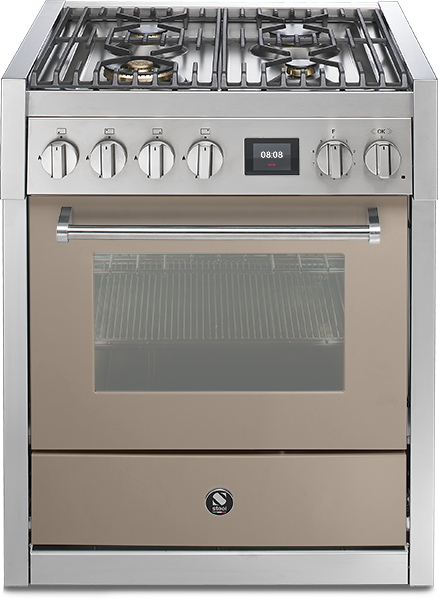 Moderner Edelstahl-Gasherd mit fünf Drehknöpfen, digitaler Zeitanzeige und großem Backofen Freistehender Gasherd aus Edelstahl mit vier Kochfeldern, zentral positioniertem Backofen und digitaler Zeitanzeige