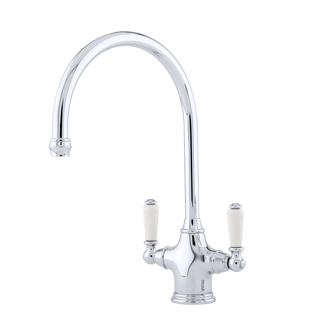 Elegante Küchenarmatur im Retro-Design mit zwei weißen Griffen und hohem Auslauf, verchromt Zweigriff Küchenarmatur in Chrom mit geschwungenem Auslauf und weißen Griffen im klassischen Design