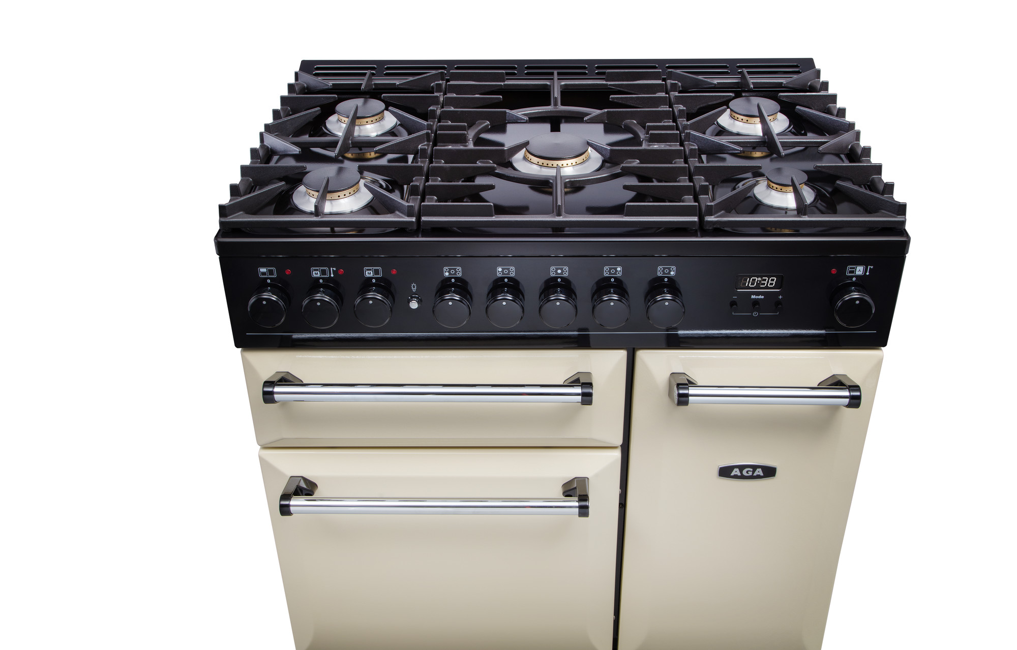AGA Standherd mit fünf Gaskochfeldern und drei Backofenfächern in Creme Großer Standherd der Marke AGA in Cremefarbe mit fünf Gaskochfeldern, Bedienknöpfen und drei Backofenfächern, ideal für große Küchen