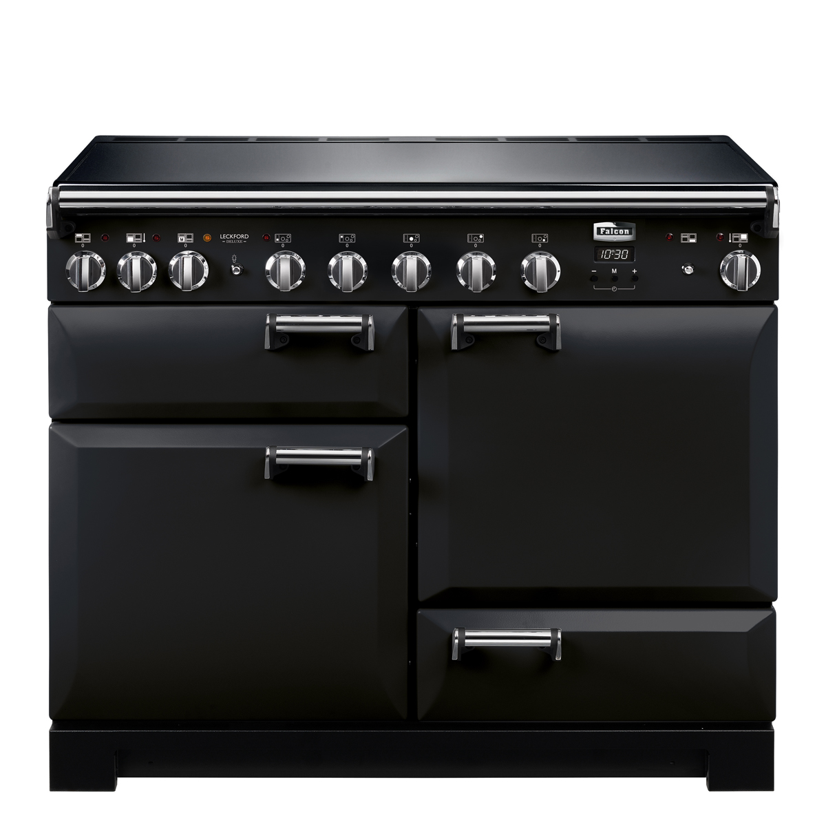 Schwarzer Falcon Range Cooker mit mehreren Backöfen, Edelstahlgriffen und Bedienelementen