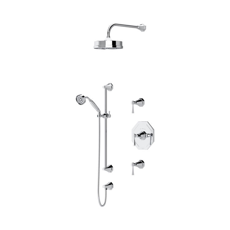 Perrin & Rowe Deco Duschsystem Nr. 2 CP: Unterputz-Duschgarnitur in Chrom poliert mit runder Regenbrause, Handbrause an Gleitschiene, Thermostat, Umsteller und klassischen Hebelgriffen