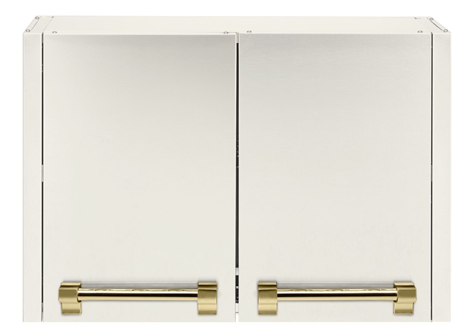 Edelstahlschrank mit zwei Türen und goldfarbenen Griffen – moderner Wandschrank für Küche oder Bad Geschlossener Schrank aus Edelstahl mit zwei Türen und goldfarbenen Griffen, geeignet für moderne Einrichtungen