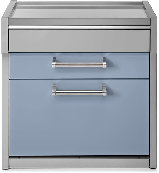 Moderner Unterschrank mit zwei blauen Schubladen und Edelstahlgriffen, ideal für Küche oder Bad Frontansicht eines Unterschranks mit zwei blauen Schubladen und silbernen Griffen, modernes Design