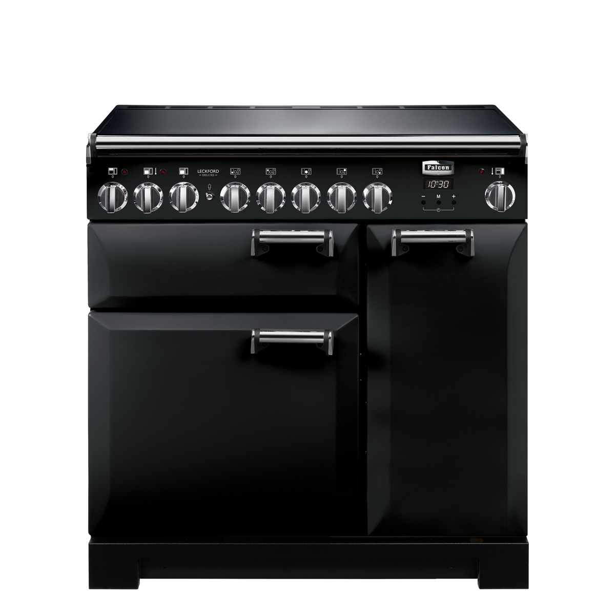 Schwarzer Falcon 1092 Deluxe Range Cooker mit Edelstahl-Bedienelementen, mehreren Backofentüren und großem Gaskochfeld