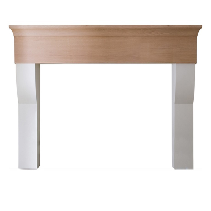 Kaminumrandung aus Holz in modernem Design, Kombination aus naturfarbenem und weißem Holz Kaminumrandung aus Holz, modernes Design mit naturfarbener Oberfläche und weißen Standbeinen, geeignet zur Dekoration von Kaminen