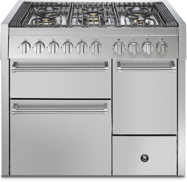 Professioneller Edelstahl-Gasherd mit sechs Kochfeldern und drei Backöfen für die moderne Küche Großer Edelstahl-Gasherd mit sechs Kochfeldern, drei Backöfen und mehreren Bedienknöpfen für den Einsatz in der Küche