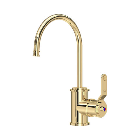 Goldene Einhebel-Küchenarmatur aus poliertem Messing mit hohem, geschwungenem Schwenkauslauf und Warm/Kalt-Markierung am Hebel