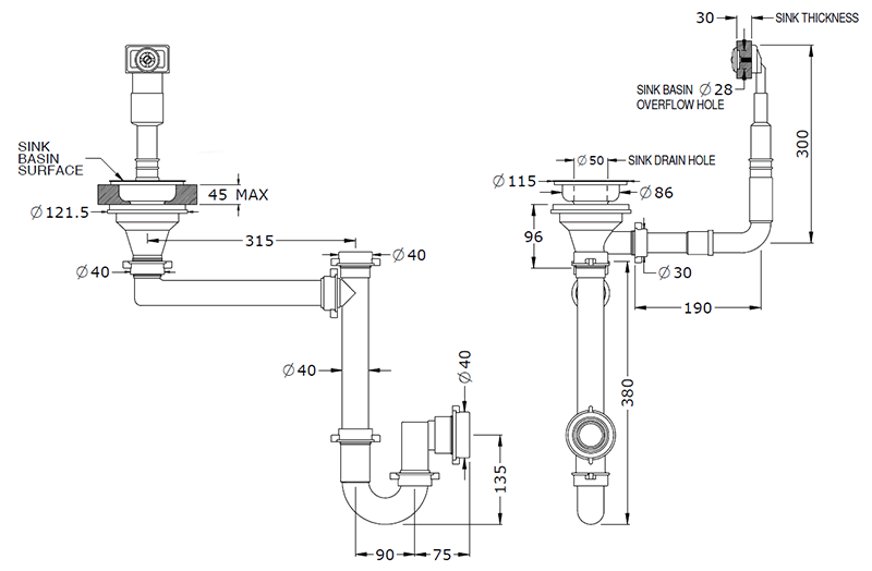 Technische Zeichnung: Ablaufgarnitur und Siphon für Waschbecken mit Überlauf, DN40, mit detaillierten Einbau- und Maßangaben für Ablauf, Überlaufanschluss und Geruchsverschluss