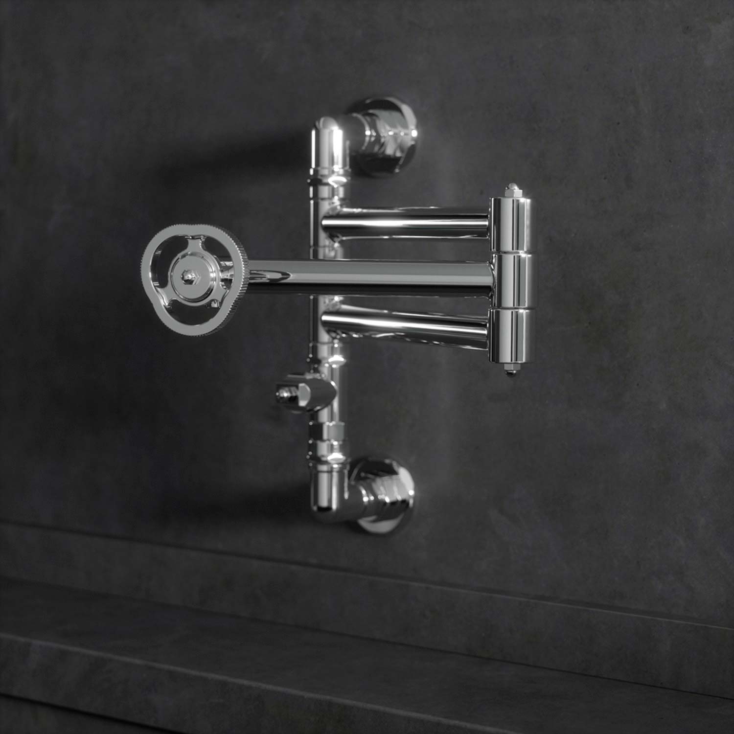 Moderne Wandarmatur aus Chrom mit Industrie-Design für Küche oder Bad Glänzende Armatur mit Drehgriff im Industrie-Look, an einer dunklen Wand montiert