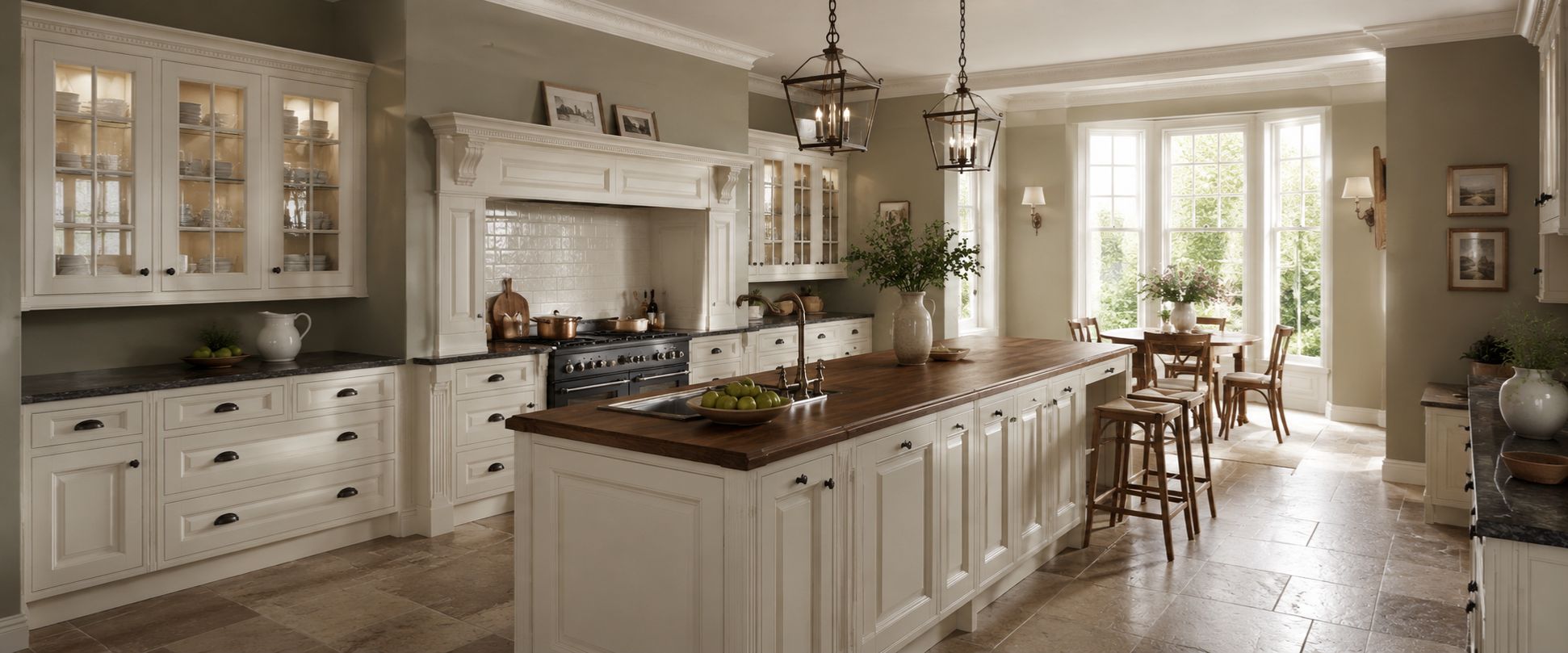 Hochwertige Landhausküche in Creme mit großer Kücheninsel, Holzarbeitsplatte, Vitrinenschränken, großem Gasherd und Esstisch am Fenster – Inspiration für Küchenmöbel und Einrichtung