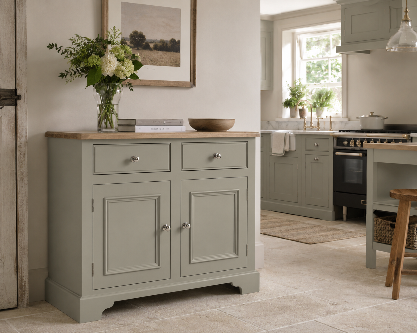 Salbeigrüne Landhaus-Kommode mit Eichenplatte, zwei Schubladen und zwei Türen; in heller Küche auf Steinboden, dekoriert mit Vase – ideal als Sideboard oder Anrichte