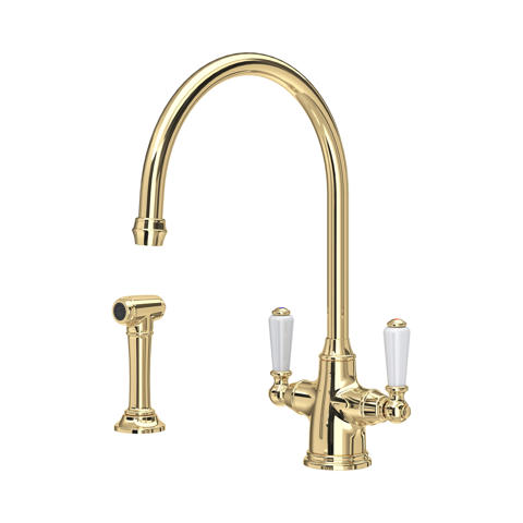 Goldene Küchenarmatur mit Sprühkopf, 2 Griffe, Antik