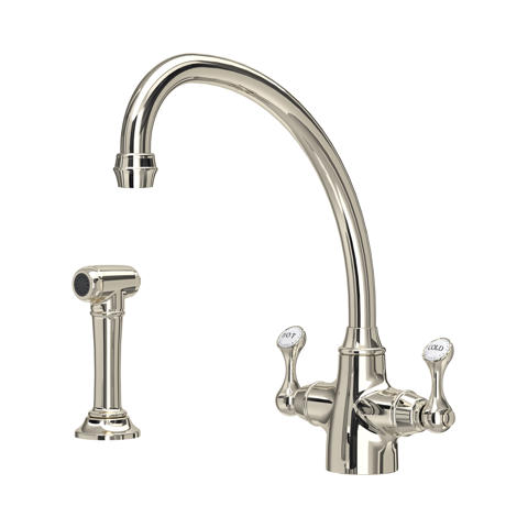 Zweigriff-Küchenarmatur mit hohem Schwanenhals und separater Spülbrause, polierte Oberfläche, klassische Nostalgie-Optik für das Spülbecken